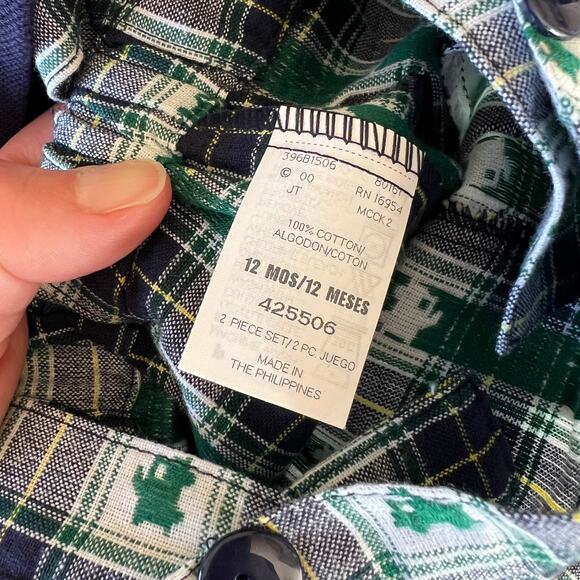 Vintage Y2K Baby Boy Truck Appliqué Plaid Overalls and Polo Outfit / 12 Months - Picture 9 of 9